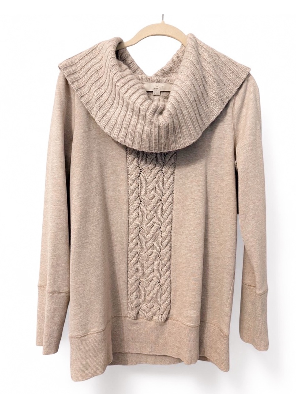 LOFT Cream Cable-Front Cowl Neck Sweater Womens Medium